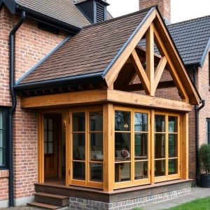 Véranda traditionnelle avec charpente en bois
